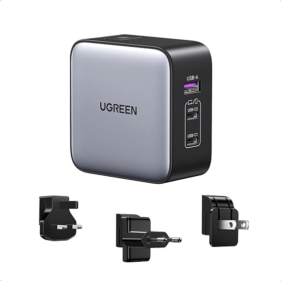 UGREEN Nexode Cargador USB C 65W, Adaptador para Viaje 3 Puertos 2 USB C y 1 USB A, Adaptador de Enchufe Universal UK/USA/EU para Phone, Celulares, Tabletas y Más