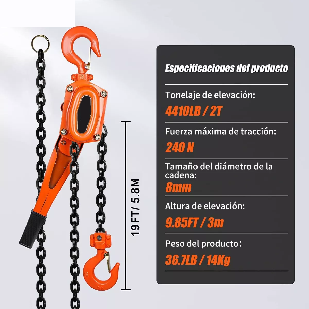 Polipasto De Palanca Para 2 Toneladas 3 Metros Mango Con Gom.