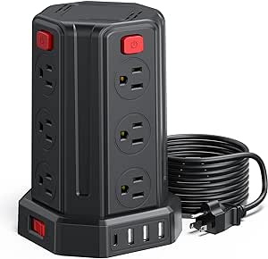 A SMALLRT Regleta De Alimentación contra Sobretensiones 9.8Ft / 3M 4 Puertos USB Regleta De 12 Salidas con Toma De Cable Largo USB Torre Protectora contra Sobretensiones.
