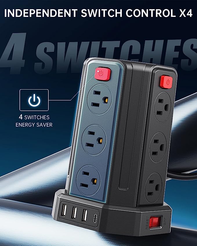 A SMALLRT Regleta De Alimentación contra Sobretensiones 9.8Ft / 3M 4 Puertos USB Regleta De 12 Salidas con Toma De Cable Largo USB Torre Protectora contra Sobretensiones.