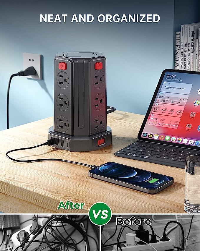 A SMALLRT Regleta De Alimentación contra Sobretensiones 9.8Ft / 3M 4 Puertos USB Regleta De 12 Salidas con Toma De Cable Largo USB Torre Protectora contra Sobretensiones.