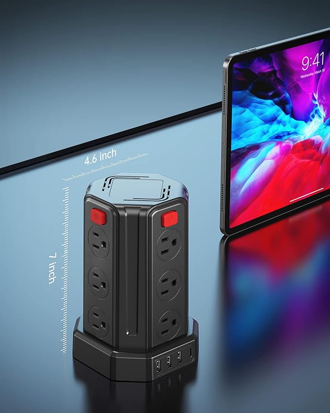 A SMALLRT Regleta De Alimentación contra Sobretensiones 9.8Ft / 3M 4 Puertos USB Regleta De 12 Salidas con Toma De Cable Largo USB Torre Protectora contra Sobretensiones.