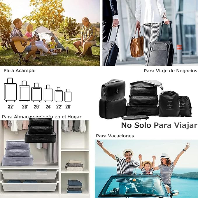 A Cooseon 9pcs Organizadores Viaje Maleta Bolsa Almacenamiento Maleta Packing Cubes Compression Bolsitas Guardar Ropa Maletas Viaje para Ropa Zapatos Lentes Joyeria Brasier Cosméticos Accesorios, Negro.