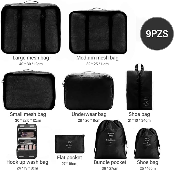 A Cooseon 9pcs Organizadores Viaje Maleta Bolsa Almacenamiento Maleta Packing Cubes Compression Bolsitas Guardar Ropa Maletas Viaje para Ropa Zapatos Lentes Joyeria Brasier Cosméticos Accesorios, Negro.
