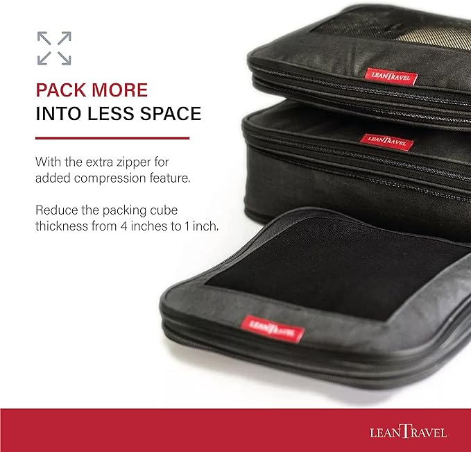 A LeanTravel - Juego de 3 bolsas organizadoras de viaje con compresión, organizadores de viaje para equipaje con doble cierre (Negro).
