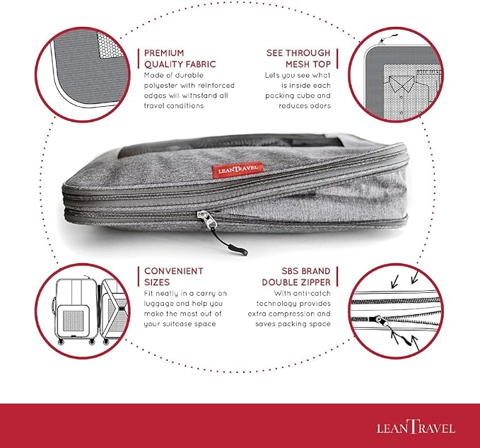 A LeanTravel - Juego de 3 bolsas organizadoras de viaje con compresión, organizadores de viaje para equipaje con doble cierre (Negro).