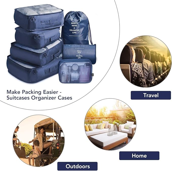 A Organizadores de Viaje para Maletas, Bolsas de Equipaje Impermeable Cubos Embalaje de Viaje Bolsas de Almacenamiento para Ropa Zapatos, Cosméticos Accesorios (Azul oscuro).