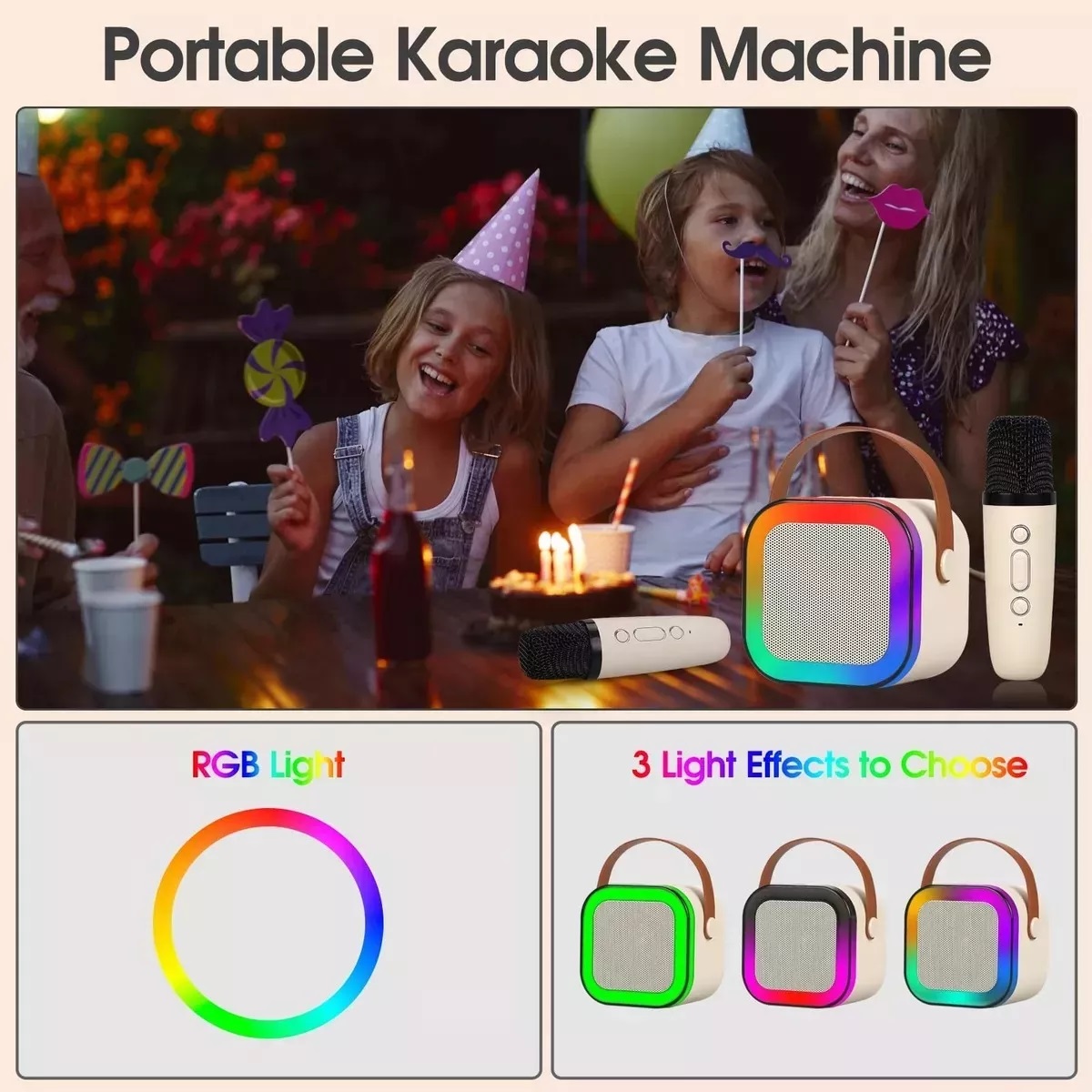 Mini Bocina Karaoke con Bluetooth y Micrófono Inalámbrico (Beige).