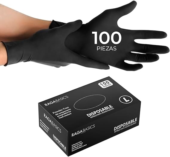 100 Guantes de Nitrilo Vinil de Alta Calidad Color Negro, Sin Látex, Sin Polvo, Diseño Ambidiestro, Ajuste Perfecto, Desechables y Resistentes Talla Grande.