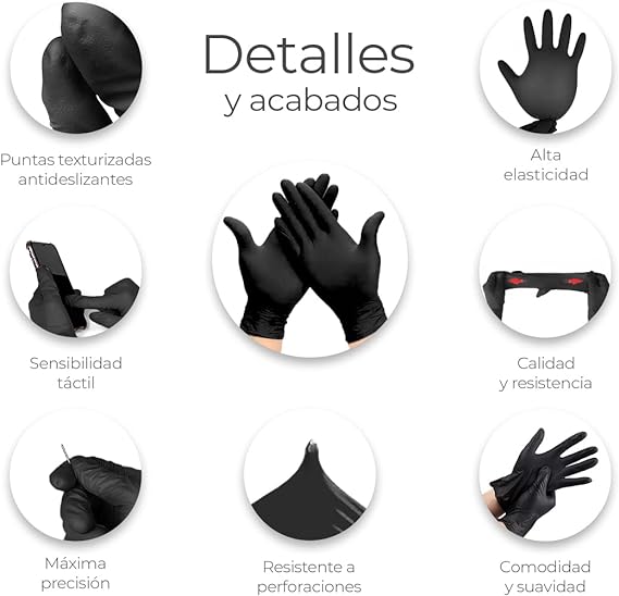 100 Guantes de Nitrilo Vinil de Alta Calidad Color Negro, Sin Látex, Sin Polvo, Diseño Ambidiestro, Ajuste Perfecto, Desechables y Resistentes Talla Grande.
