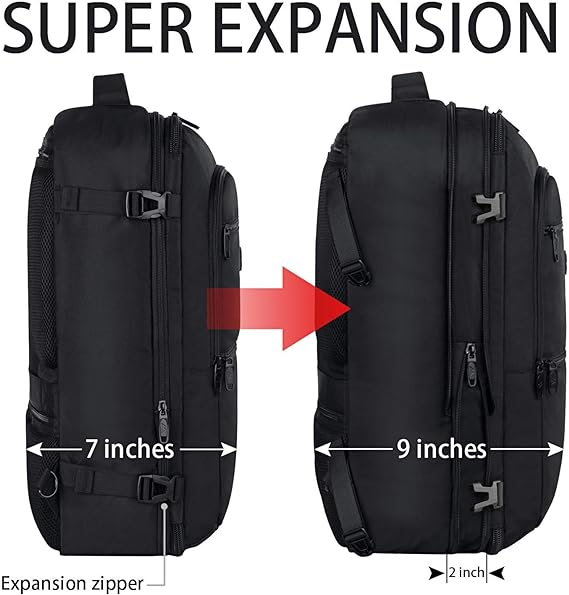 Vancropak Mochila de Viaje, Mochila de Viaje Expandible de 40 L para Mujeres y Hombres, Mochila Viajera Resistente al Agua para Avion, Mochila para Viajar Aprobada para Vuelos,Travel Backpack, Negro.