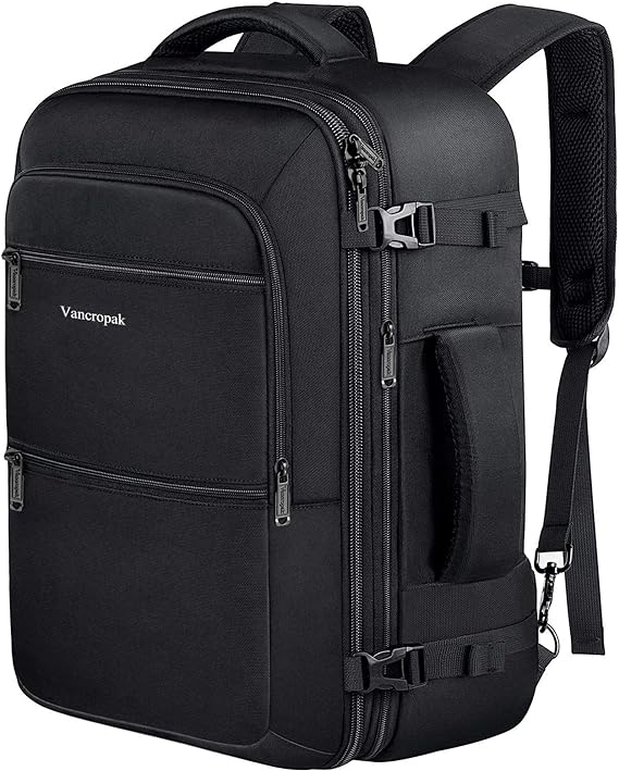 Vancropak Mochila de Viaje, Mochila de Viaje Expandible de 40 L para Mujeres y Hombres, Mochila Viajera Resistente al Agua para Avion, Mochila para Viajar Aprobada para Vuelos,Travel Backpack, Negro.