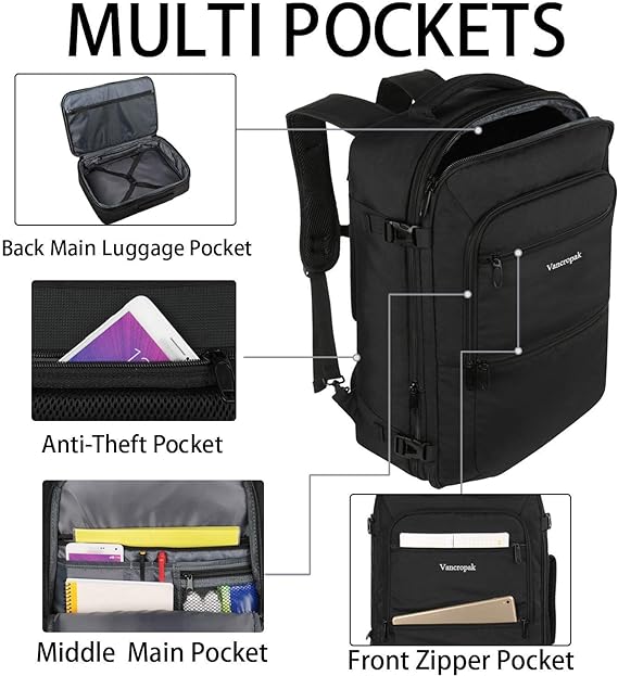 Vancropak Mochila de Viaje, Mochila de Viaje Expandible de 40 L para Mujeres y Hombres, Mochila Viajera Resistente al Agua para Avion, Mochila para Viajar Aprobada para Vuelos,Travel Backpack, Negro.