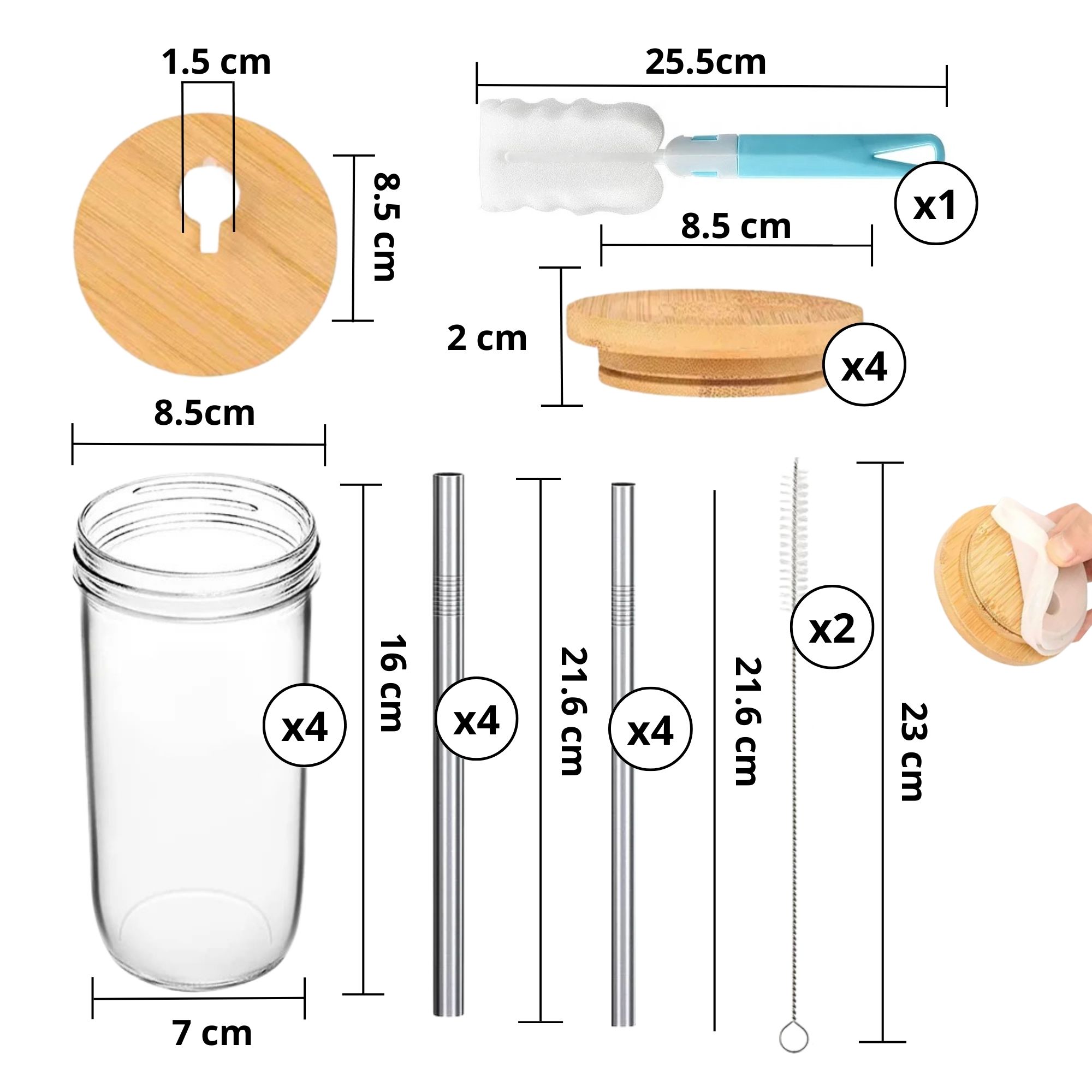 Vasos De Vidrio Con Tapa Ecomlab Juego De 4 Piezas 650ml.