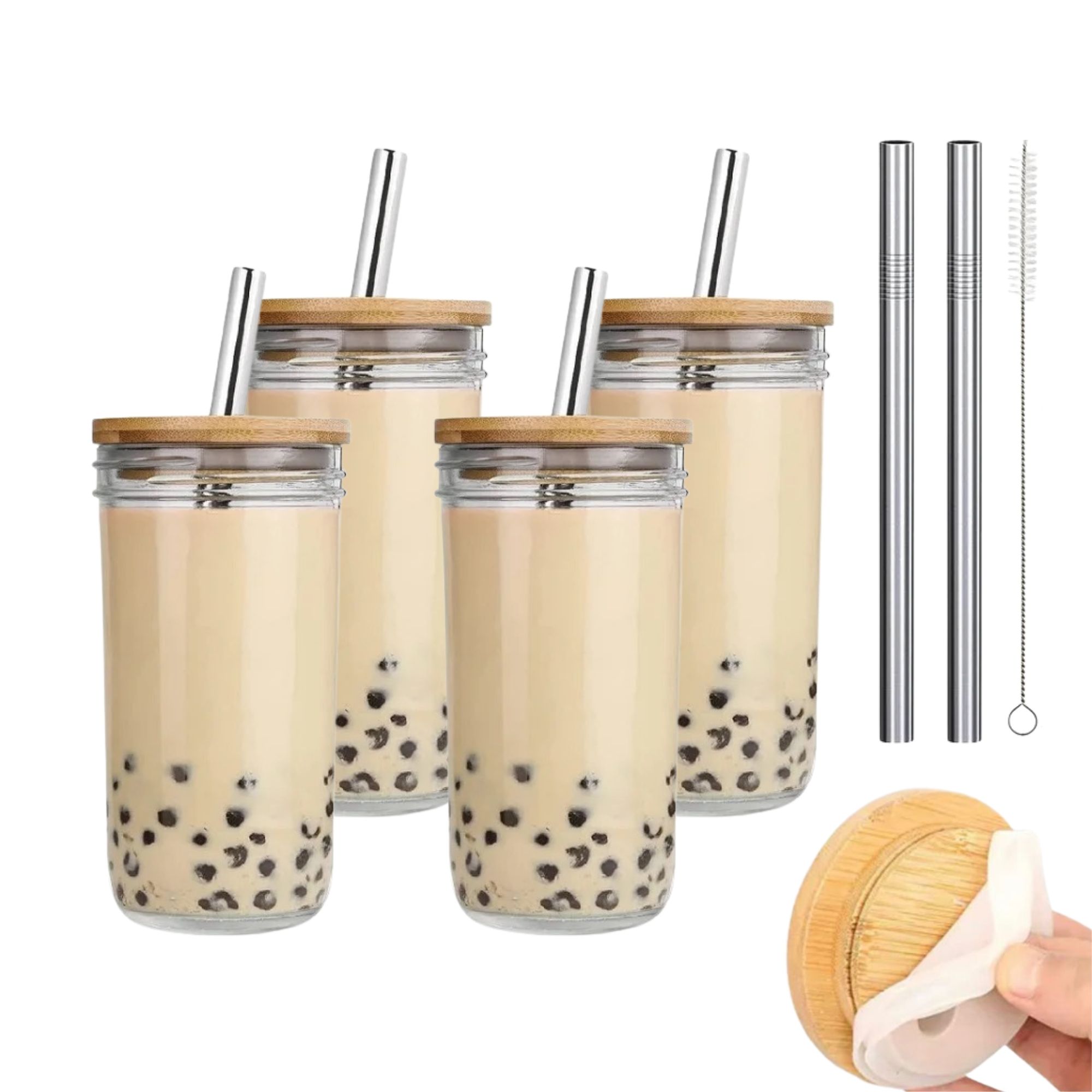 Vasos De Vidrio Con Tapa Ecomlab Juego De 4 Piezas 650ml.