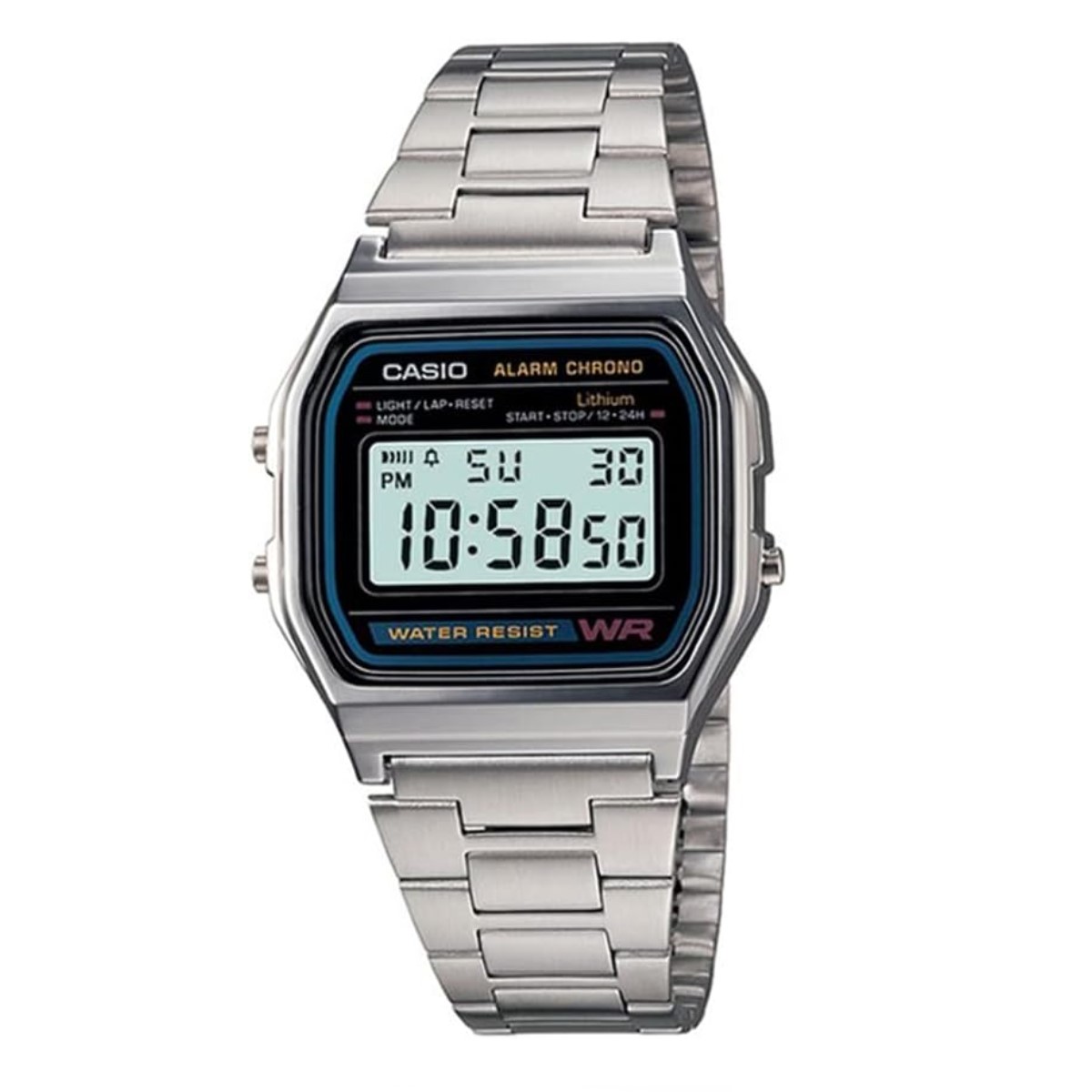 Reloj Casio Digital Retro Unisex 33mm, pulsera de Acero Inoxidable A158WA-1.