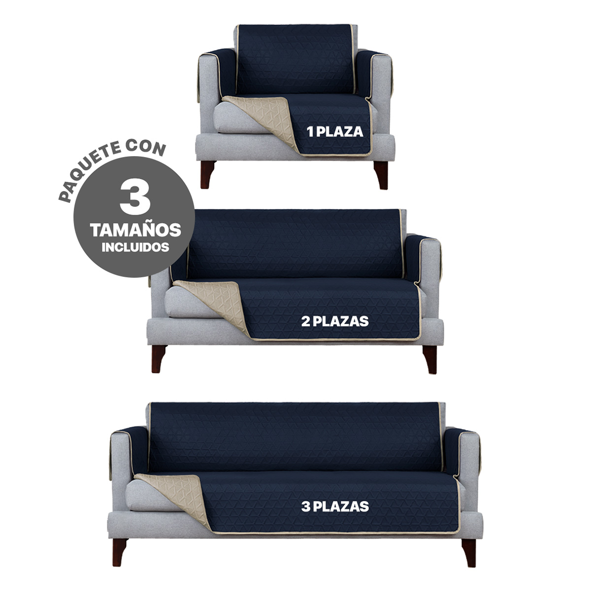 Protector Cubre Sala Doble Vista - 3 Pzas - Azul / Khaki REAL TEXTIL.