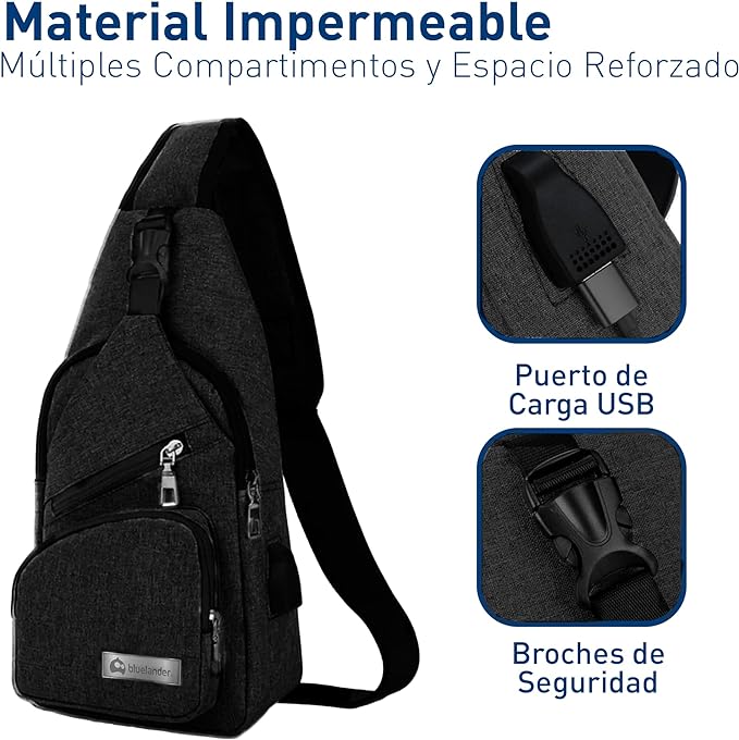 Bluelander Mochila Cruzada Antirrobo Impermeable, Bolso de Pecho para Hombre, Bolso Bandolera con Puerto de Carga USB, Perfecta para Celular, Tablets, Actividades como Deportes, Compras.