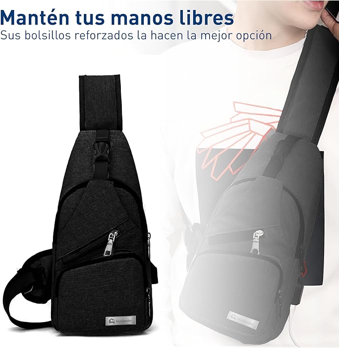 Bluelander Mochila Cruzada Antirrobo Impermeable, Bolso de Pecho para Hombre, Bolso Bandolera con Puerto de Carga USB, Perfecta para Celular, Tablets, Actividades como Deportes, Compras.