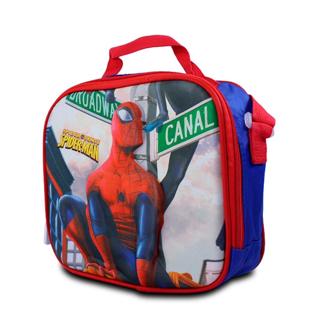  Kit Escolar Mochila Azul Lonchera Y Lapicera De Spider Men Para Niños.