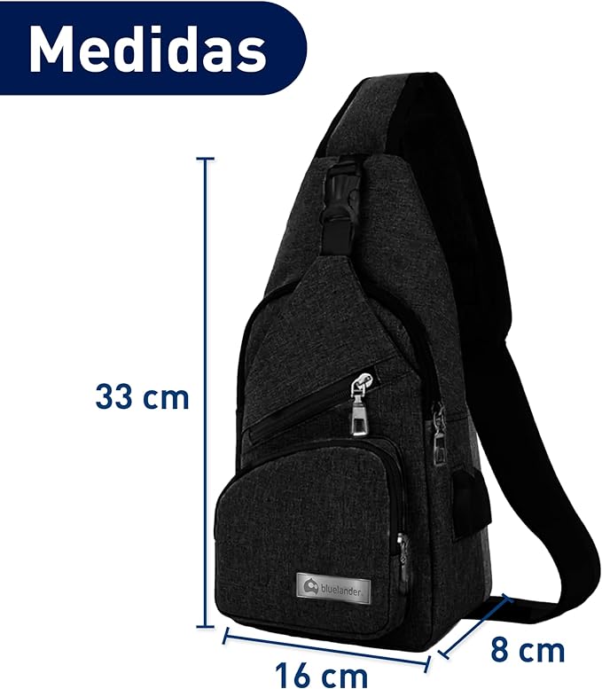 Bluelander Mochila Cruzada Antirrobo Impermeable, Bolso de Pecho para Hombre, Bolso Bandolera con Puerto de Carga USB, Perfecta para Celular, Tablets, Actividades como Deportes, Compras.