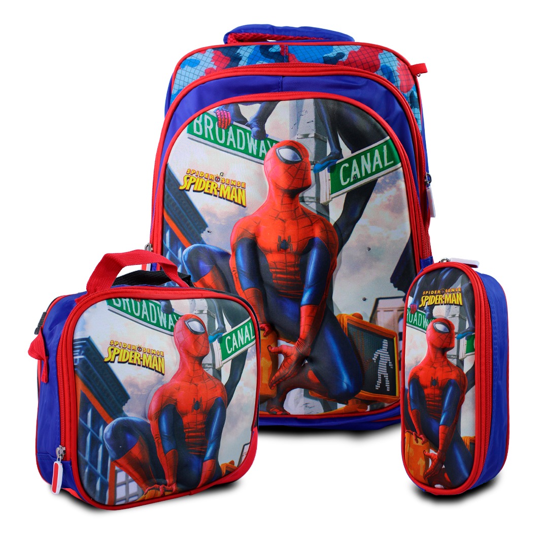  Kit Escolar Mochila Azul Lonchera Y Lapicera De Spider Men Para Niños.