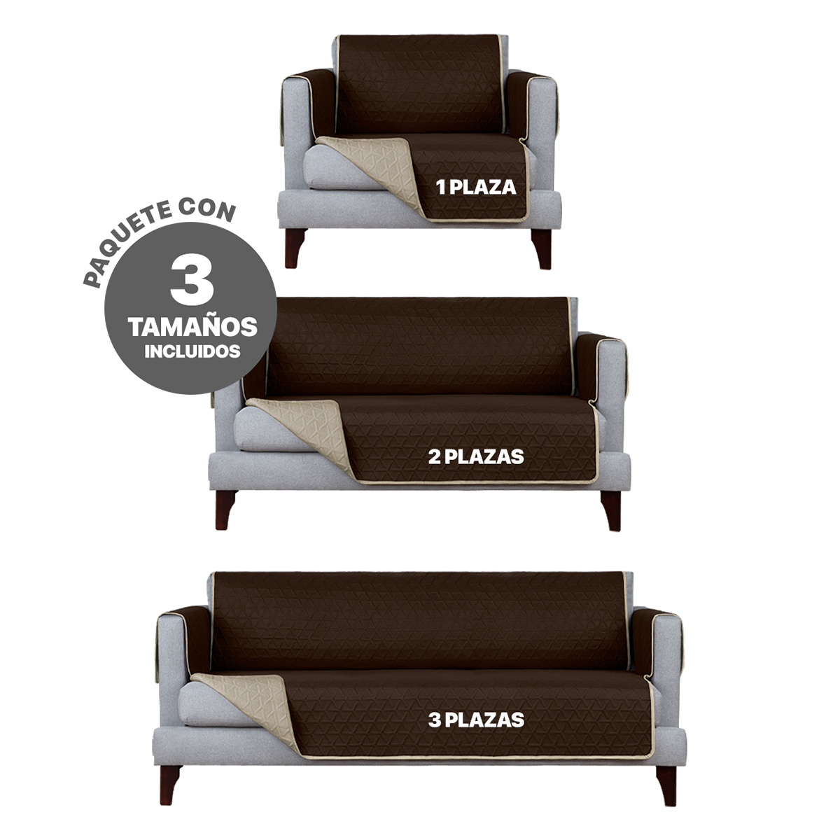 Protector Cubre Sala Doble Vista - 3 Pzas - Café / Khaki REAL TEXTIL.