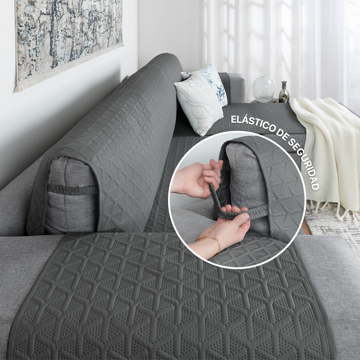 Protector Cubre Sala Funda Sofá En Forma De L Gris oscuro REAL TEXTIL.