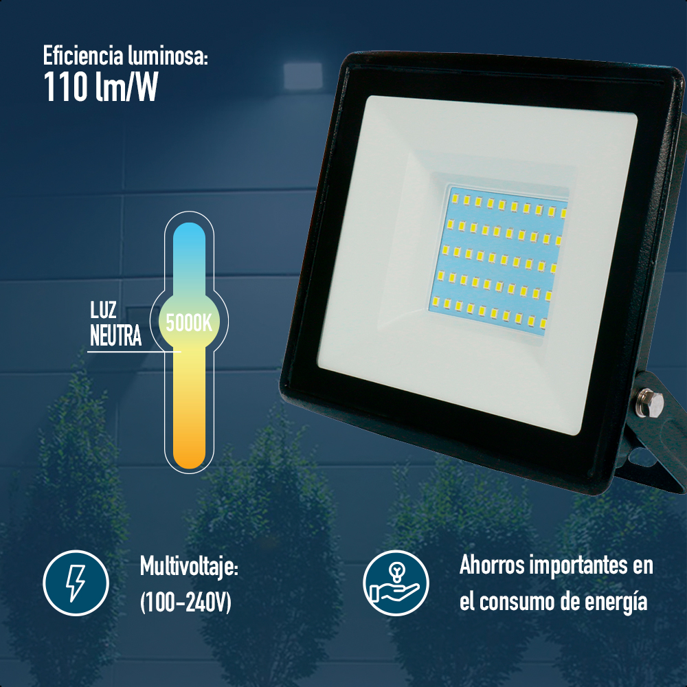 iCON Reflector LED 50W Ilumina 550 lm/w, Luz Neutra, Certificación IP65 para Interiores y Exteriores