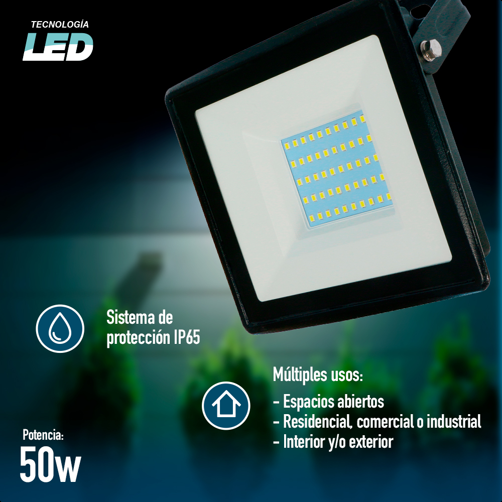 iCON Reflector LED 50W Ilumina 550 lm/w, Luz Neutra, Certificación IP65 para Interiores y Exteriores