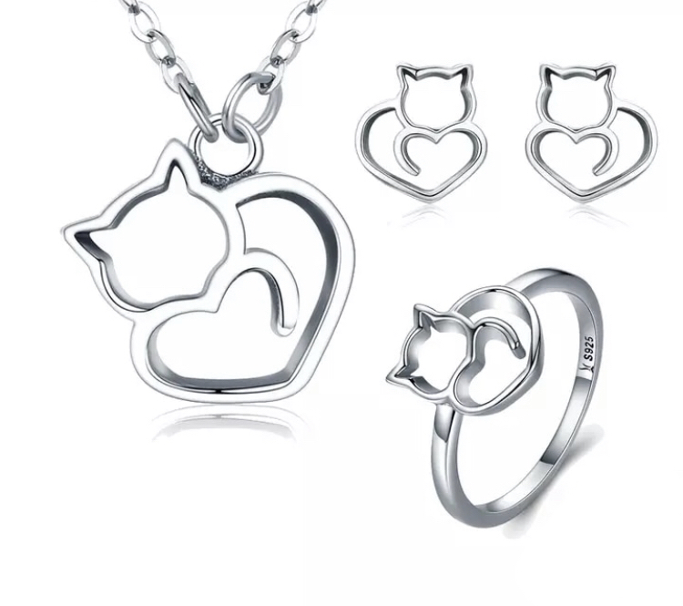 Juego De Collar, Aretes y Anillo Gato  Plata 925 Amour