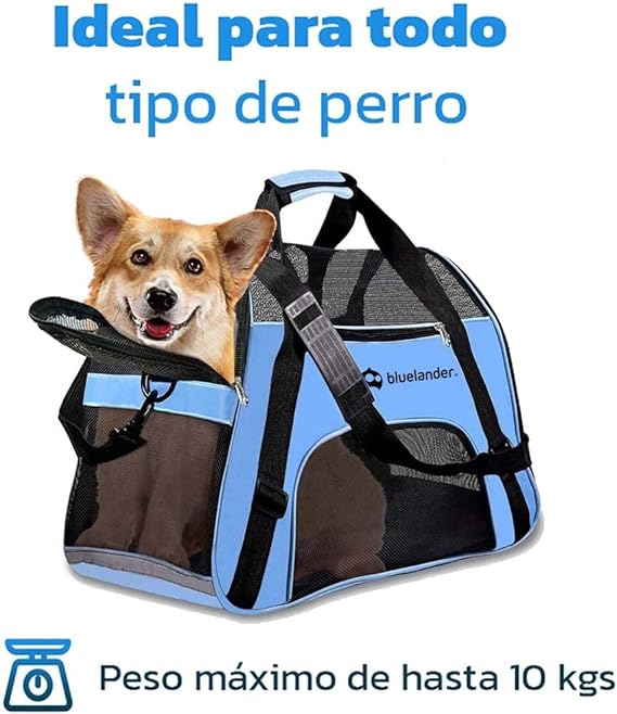 Bluelander Transportadora para Perro y Gato, Razas Pequeñas, Plegable con Cierre, Cómoda y Resistente, Incluye Correa para Hombro, Mochila Transportadora de Perro, Gato, Amplia Base Acolchada (Azul).
