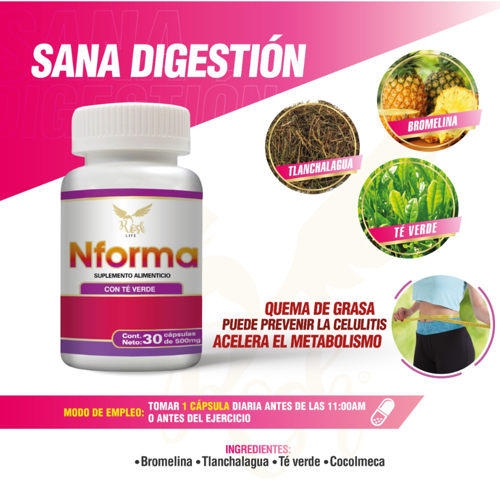 Frasco de 30 cápsulas suplemento alimenticio Nforma Dia, Quema grasa, Previene la celulitis, Acelera el metabolismo.