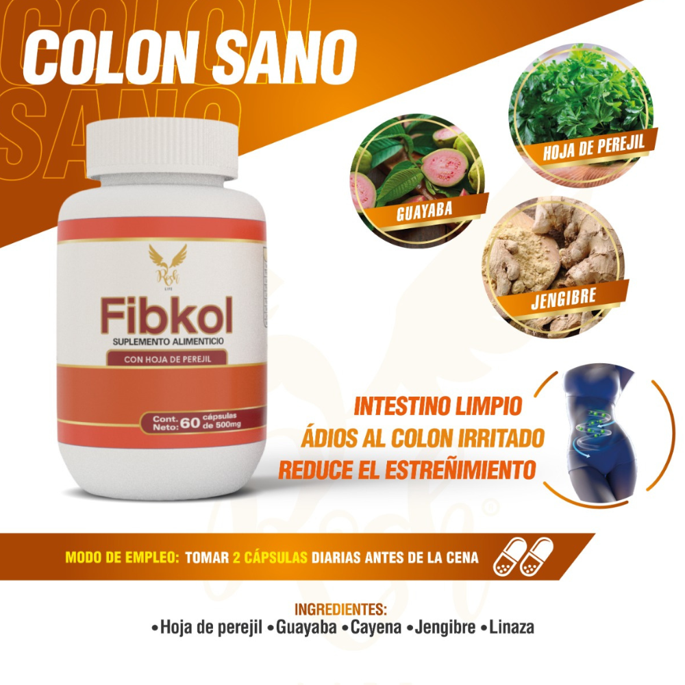 Suplemento Alimenticio Fibkol es un de Frasco de 60 cápsulas, Ayuda a reducir el estreñimiento, a regular el tránsito intestinal y disminuir el colon irritado.