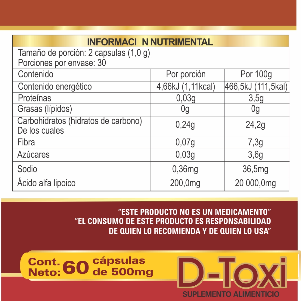 D-Toxi Desintoxicante del hígado, Limpieza hepática, Optimiza el metabolismo, Depura los riñones Frasco de 60 Cápsulas.