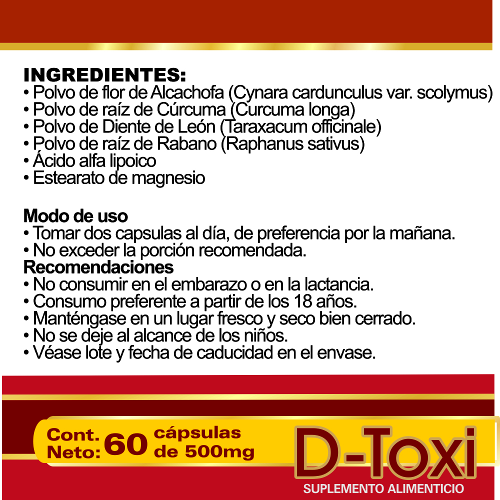 D-Toxi Desintoxicante del hígado, Limpieza hepática, Optimiza el metabolismo, Depura los riñones Frasco de 60 Cápsulas.