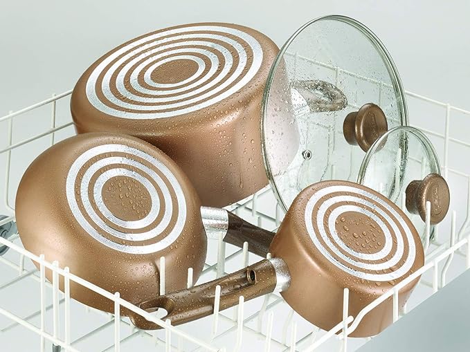 A T-fal Batería de Cocina de 14 piezas Excite con Antiadherente Proglide, tecnología Thermo-Spot y difussion Base, incluye escurridor y juego de 5 cucharas medidoras, B036SE64.