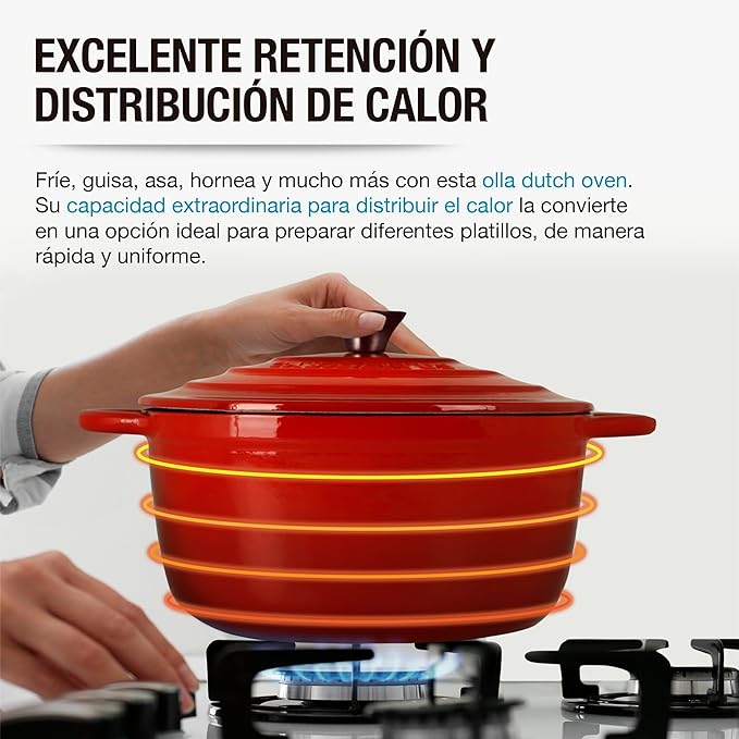 A Olla de Hierro Fundido 3.9L Rojo tipo Dutch Oven para Horno y Estufa, Horno Holandés Esmaltado con Tapa, Cacerola Antiadherente de Cocción Uniforme para Hornear y Asar. Mod. Róterdam.