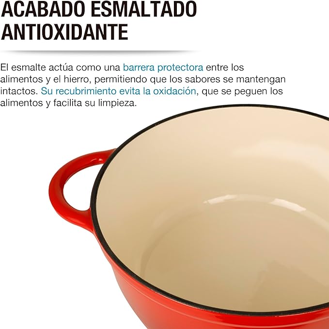 A Olla de Hierro Fundido 3.9L Rojo tipo Dutch Oven para Horno y Estufa, Horno Holandés Esmaltado con Tapa, Cacerola Antiadherente de Cocción Uniforme para Hornear y Asar. Mod. Róterdam.