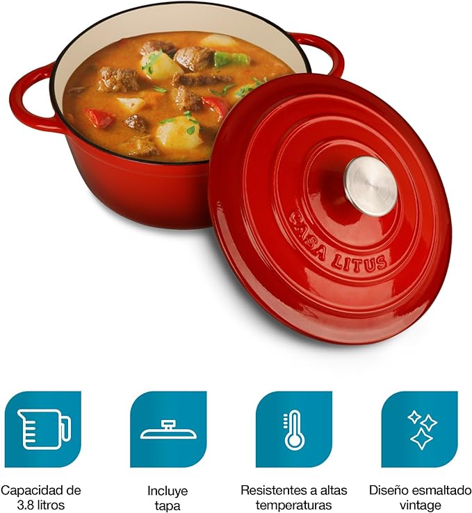 A Olla de Hierro Fundido 3.9L Rojo tipo Dutch Oven para Horno y Estufa, Horno Holandés Esmaltado con Tapa, Cacerola Antiadherente de Cocción Uniforme para Hornear y Asar. Mod. Róterdam.