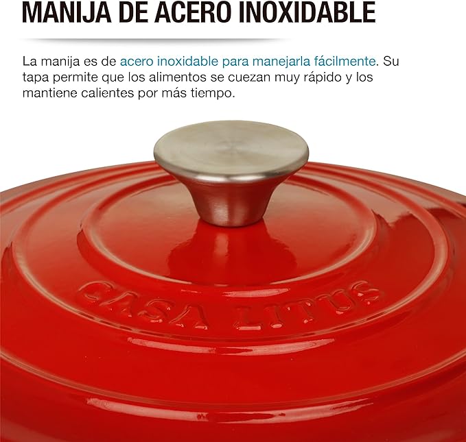 A Olla de Hierro Fundido 3.9L Rojo tipo Dutch Oven para Horno y Estufa, Horno Holandés Esmaltado con Tapa, Cacerola Antiadherente de Cocción Uniforme para Hornear y Asar. Mod. Róterdam.