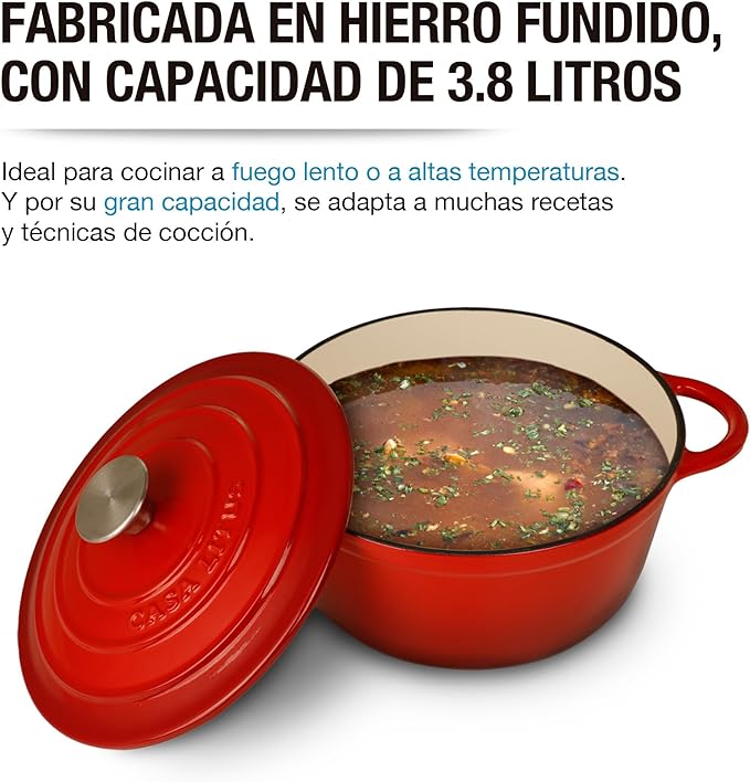 A Olla de Hierro Fundido 3.9L Rojo tipo Dutch Oven para Horno y Estufa, Horno Holandés Esmaltado con Tapa, Cacerola Antiadherente de Cocción Uniforme para Hornear y Asar. Mod. Róterdam.