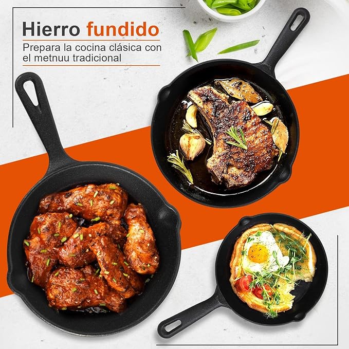 A Sarten Hierro Fundido 3 Piezas, Salandens Sartenes Antiadherentes, Cast Iron Skillet Con Mango Largo(6", 8" y 10").