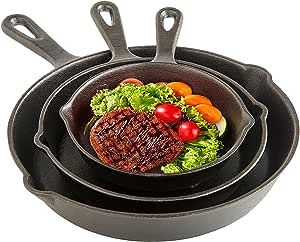 A Sarten Hierro Fundido 3 Piezas, Salandens Sartenes Antiadherentes, Cast Iron Skillet Con Mango Largo(6", 8" y 10").