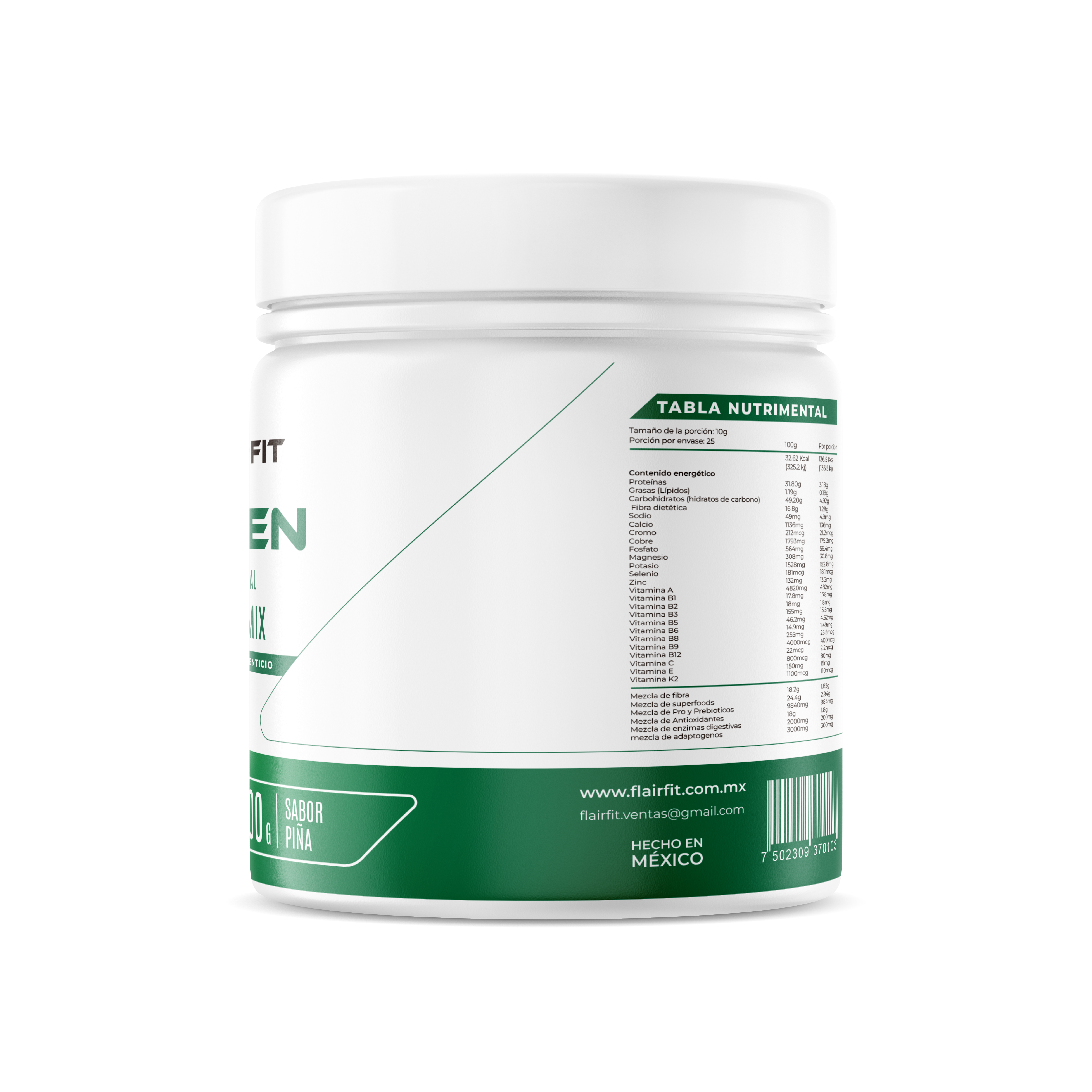 Flairfit® Daily Green Mix, Superfood +50 Ingredientes Múltiples Beneficios Todo En Uno 500g/Piña.