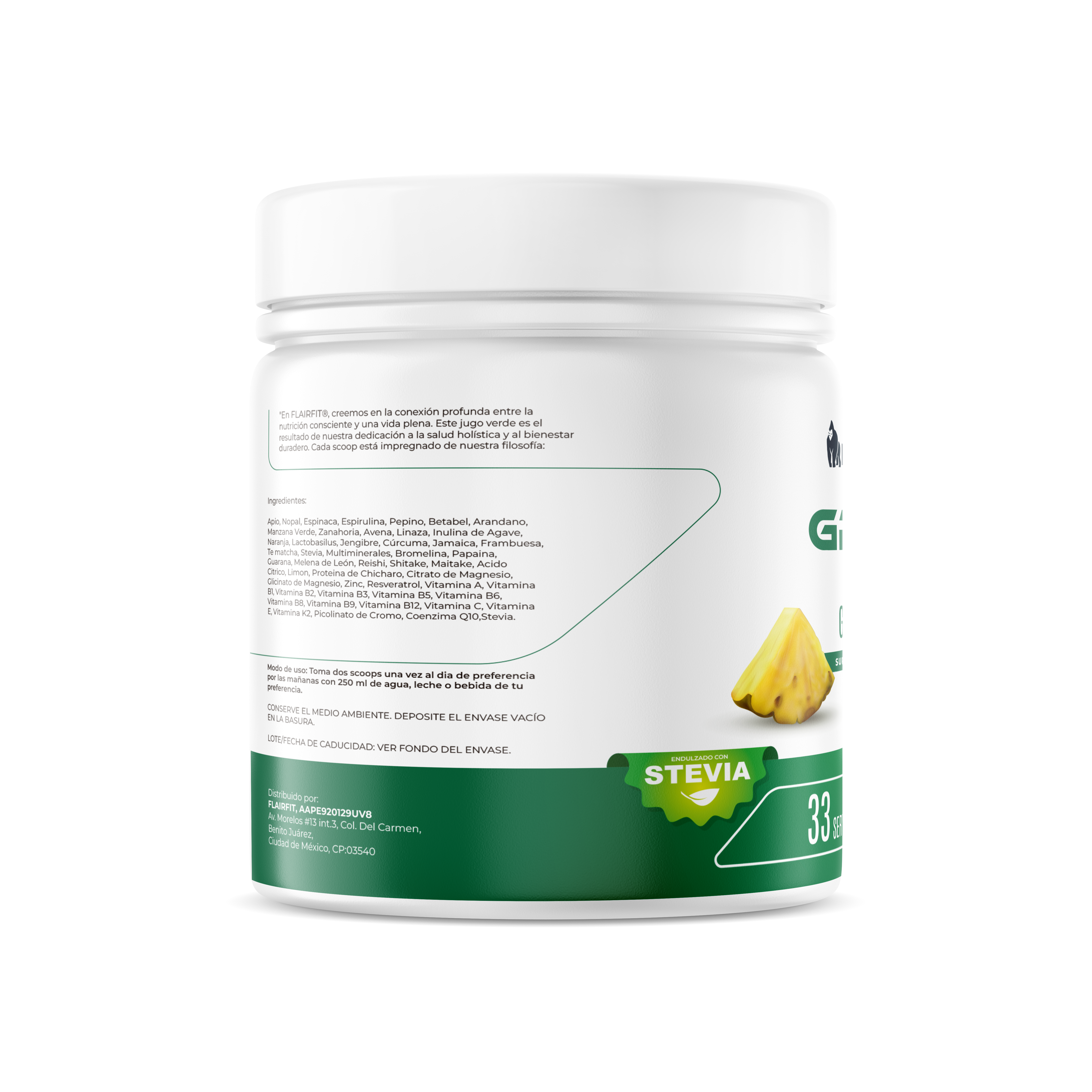 Flairfit® Daily Green Mix, Superfood +50 Ingredientes Múltiples Beneficios Todo En Uno 500g/Piña.