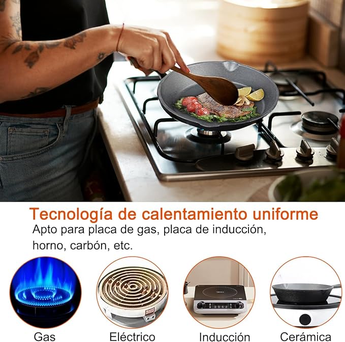 A Sarten Hierro Fundido 3 Piezas, Salandens Sartenes Antiadherentes, Cast Iron Skillet Con Mango Largo(6", 8" y 10").