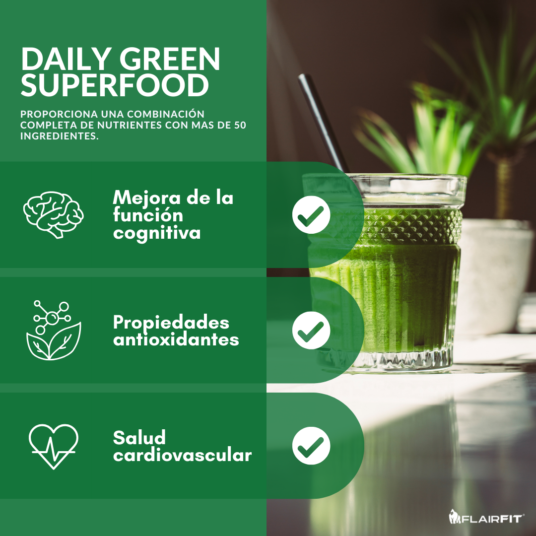 Flairfit® Daily Green Mix, Superfood +50 Ingredientes Múltiples Beneficios Todo En Uno 500g/Piña.