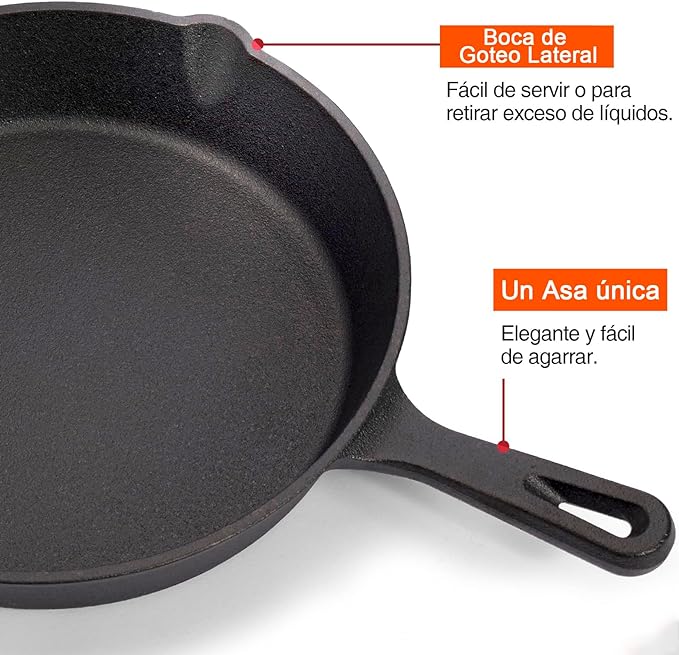 A Sarten Hierro Fundido 3 Piezas, Salandens Sartenes Antiadherentes, Cast Iron Skillet Con Mango Largo(6", 8" y 10").
