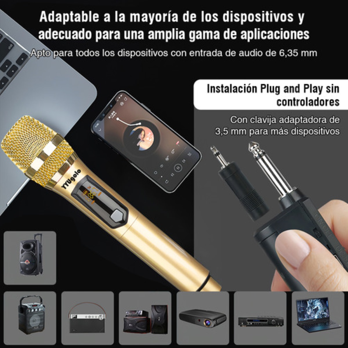 Micrófono Inalámbrico Profesional Karaoke Kit 2pcs Color Oro.